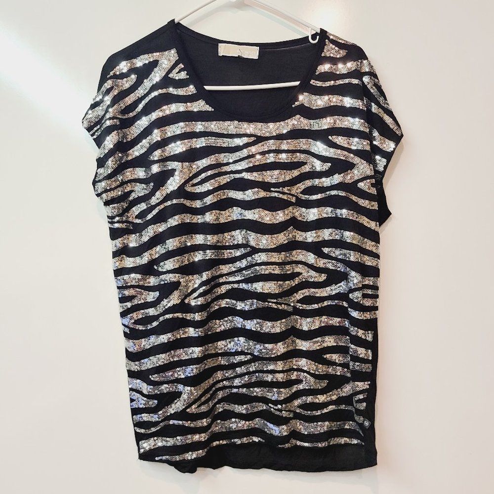 Michael Kors Shirt Black Silver Sequin Animal Print Short Sleeve Top